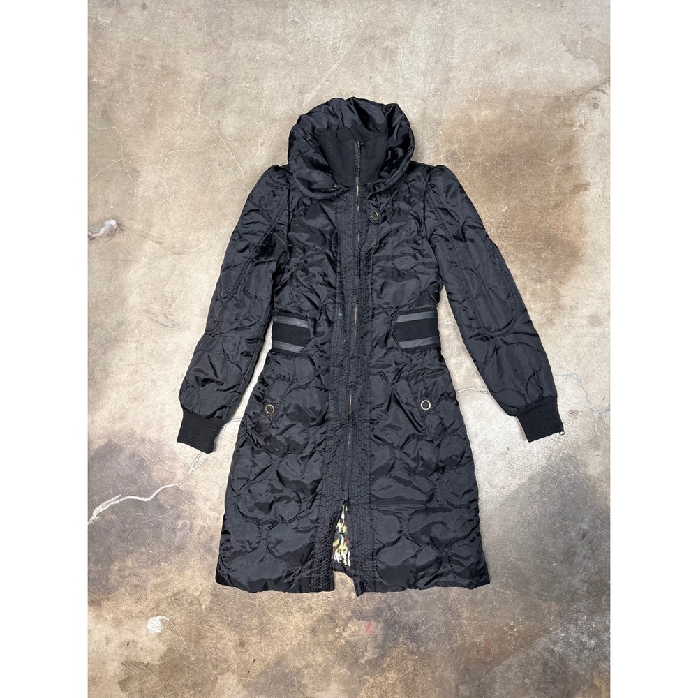 DEPT Womens Black Quilted Puffer Parka Jacket Long Funnel Neck Small